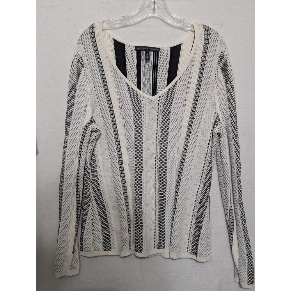 White House Black Market Womens V-Neck Pointell Knit Striped Sweater Black White